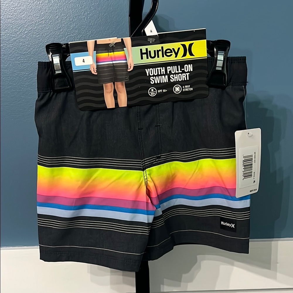 Hurley Kids Swim Trunks - Black with Rainbow Stripes